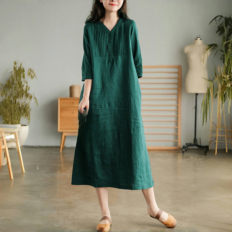 Casual Plain Accordion Pleats V-neck Half Sleeve Design Midi Dress With Pockets
