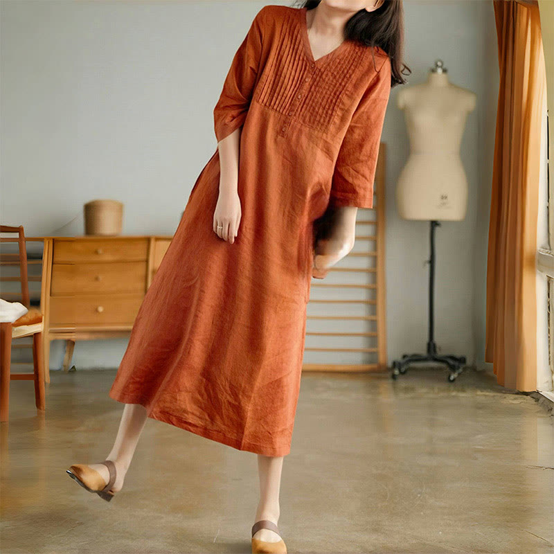 Casual Plain Accordion Pleats V-neck Half Sleeve Design Midi Dress With Pockets