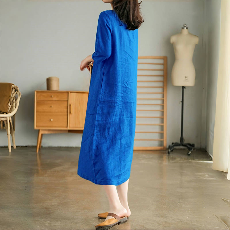 Casual Plain Accordion Pleats V-neck Half Sleeve Design Midi Dress With Pockets