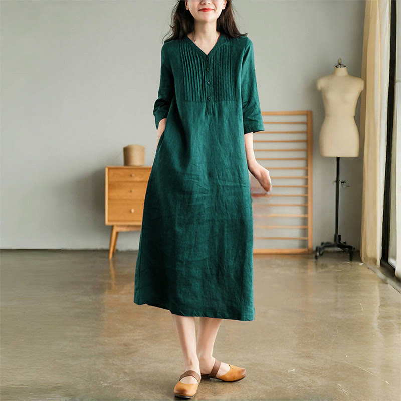 Casual Plain Accordion Pleats V-neck Half Sleeve Design Midi Dress With Pockets