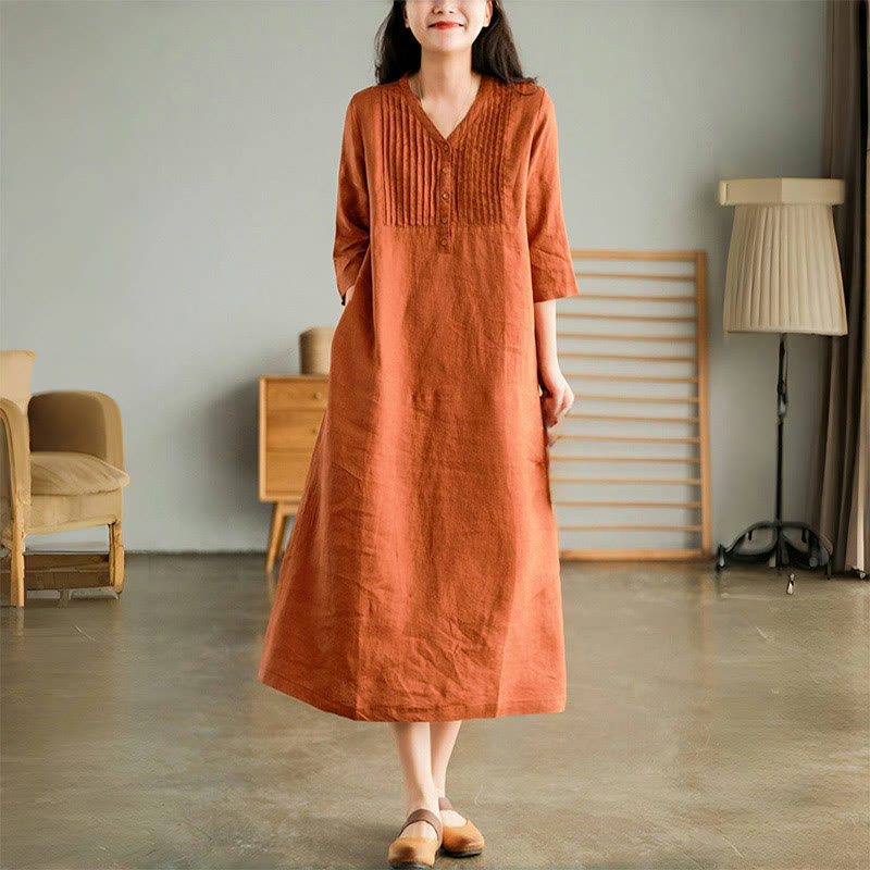 Casual Plain Accordion Pleats V-neck Half Sleeve Design Midi Dress With Pockets