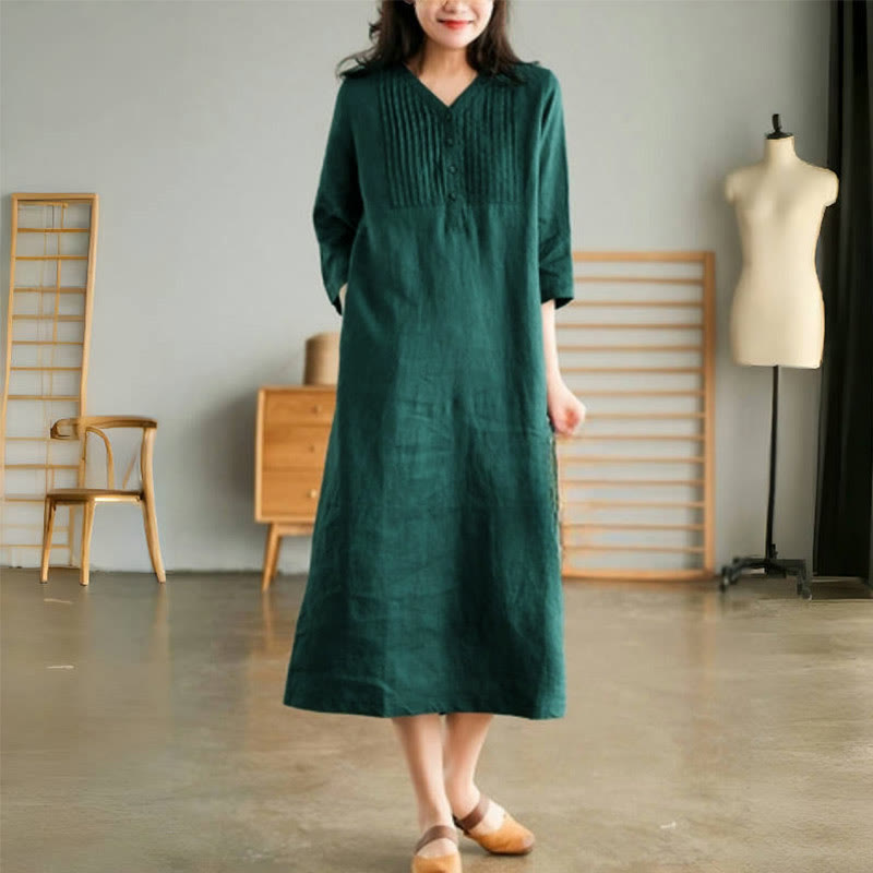 Casual Plain Accordion Pleats V-neck Half Sleeve Design Midi Dress With Pockets