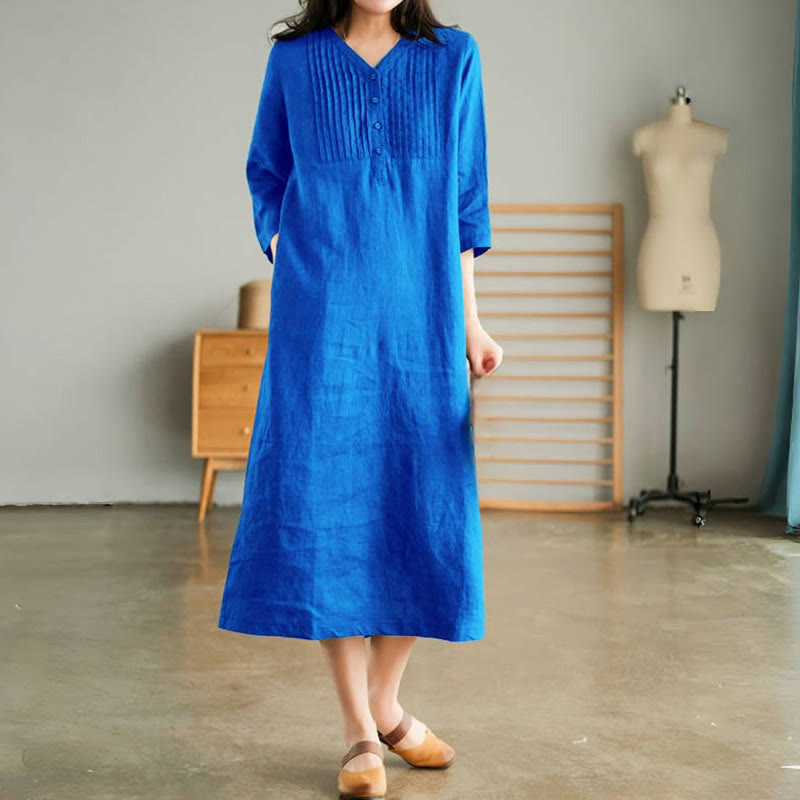 Casual Plain Accordion Pleats V-neck Half Sleeve Design Midi Dress With Pockets