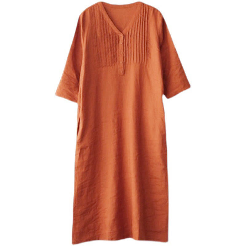 Casual Plain Accordion Pleats V-neck Half Sleeve Design Midi Dress With Pockets