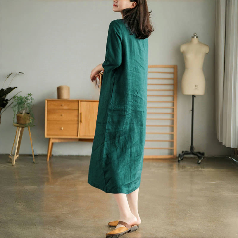 Casual Plain Accordion Pleats V-neck Half Sleeve Design Midi Dress With Pockets