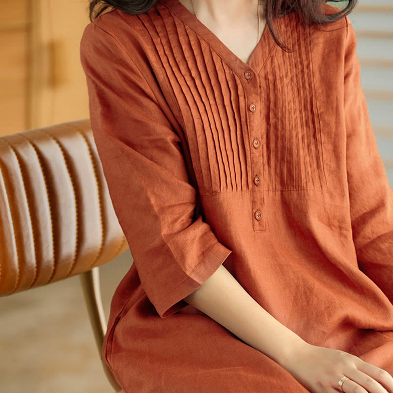 Casual Plain Accordion Pleats V-neck Half Sleeve Design Midi Dress With Pockets