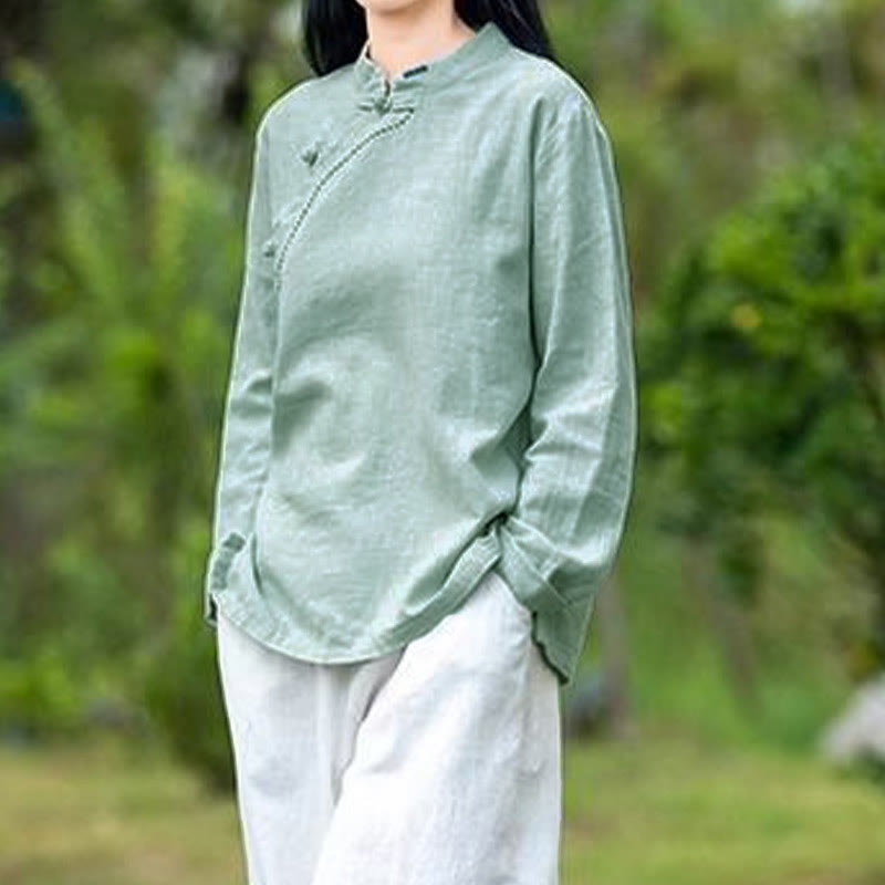 Oblique Collar Knot button Loose Linen Clothing
