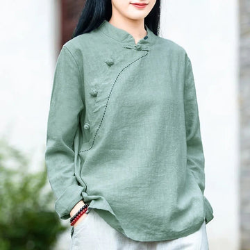 Oblique Collar Knot button Loose Linen Clothing