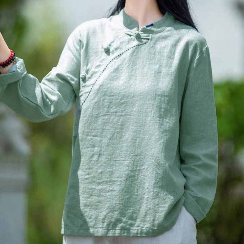 Oblique Collar Knot button Loose Linen Clothing