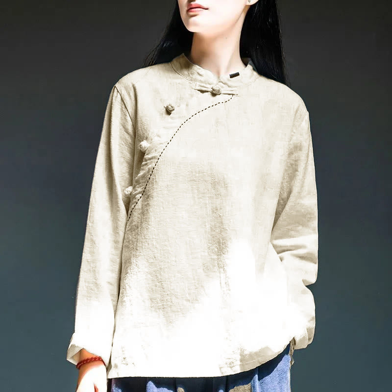 Oblique Collar Knot button Loose Linen Clothing