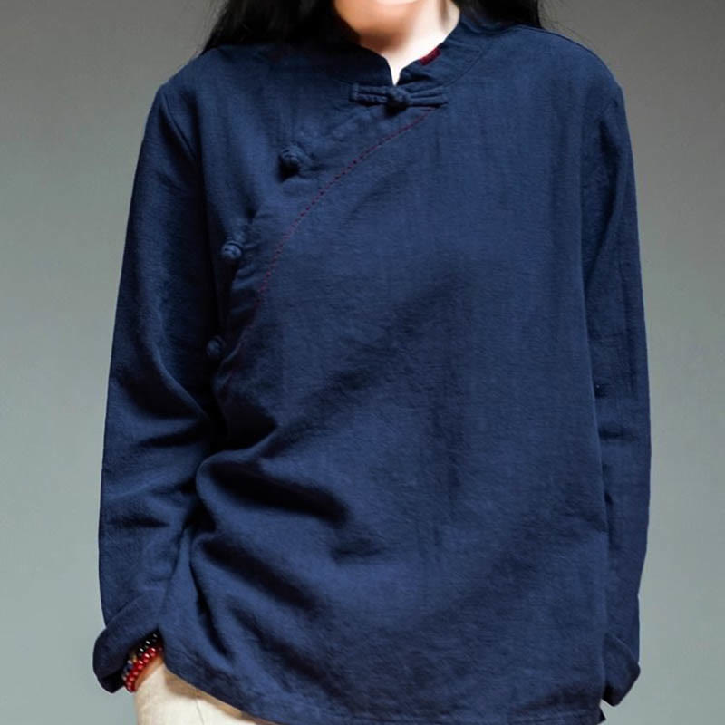 Oblique Collar Knot button Loose Linen Clothing