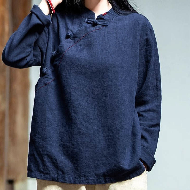 Oblique Collar Knot button Loose Linen Clothing