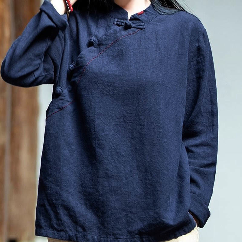 Oblique Collar Knot button Loose Linen Clothing