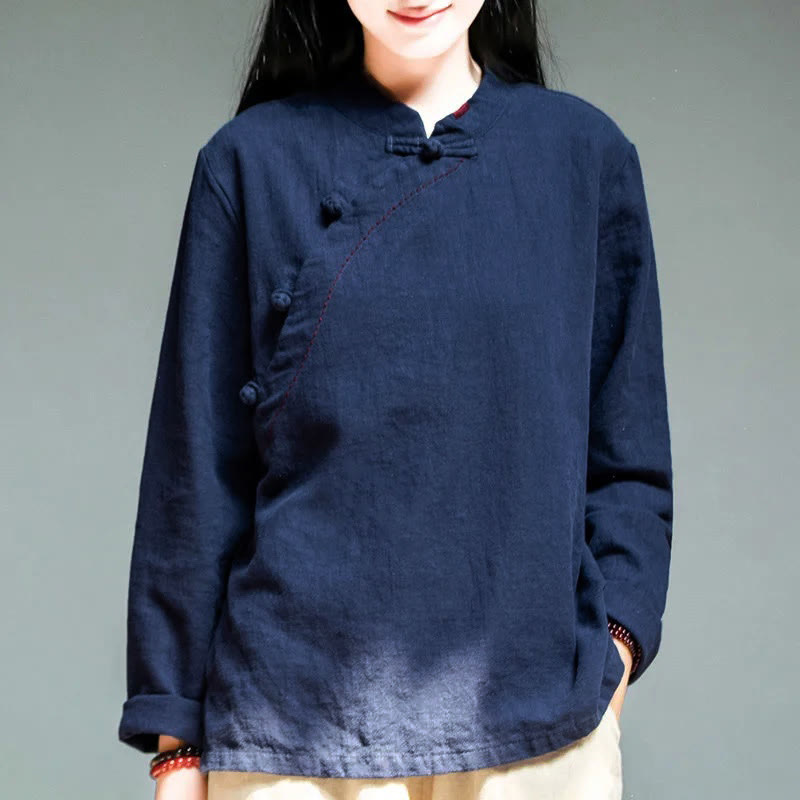 Oblique Collar Knot button Loose Linen Clothing