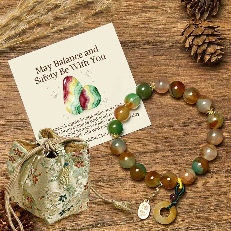 "May Balance and Safety Be With You"Peacock Agate Bracelet Includes Gift Message Card
