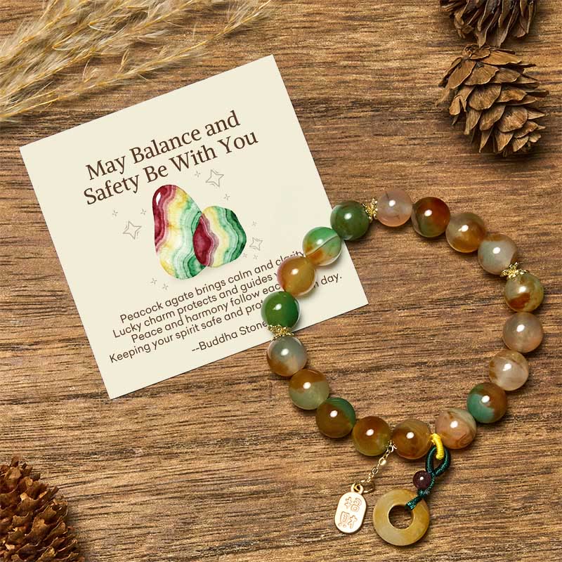 "May Balance and Safety Be With You"Peacock Agate Bracelet Includes Gift Message Card