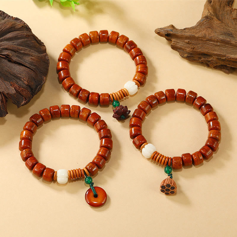 Bodhi Seed Bone Bead Bracelet with Ping An Kou & Lotus Designs