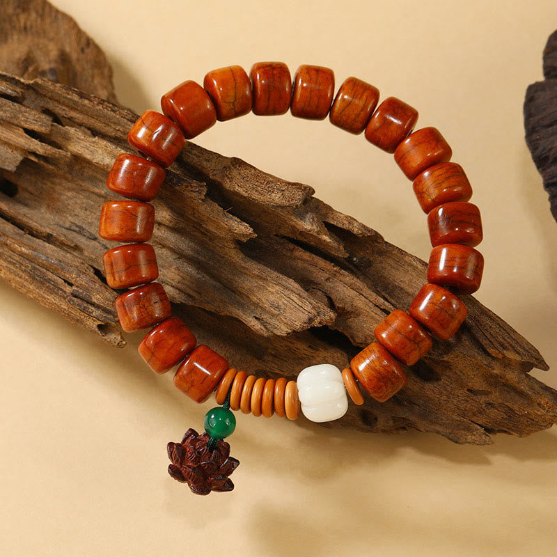 Bodhi Seed Bone Bead Bracelet with Ping An Kou & Lotus Designs