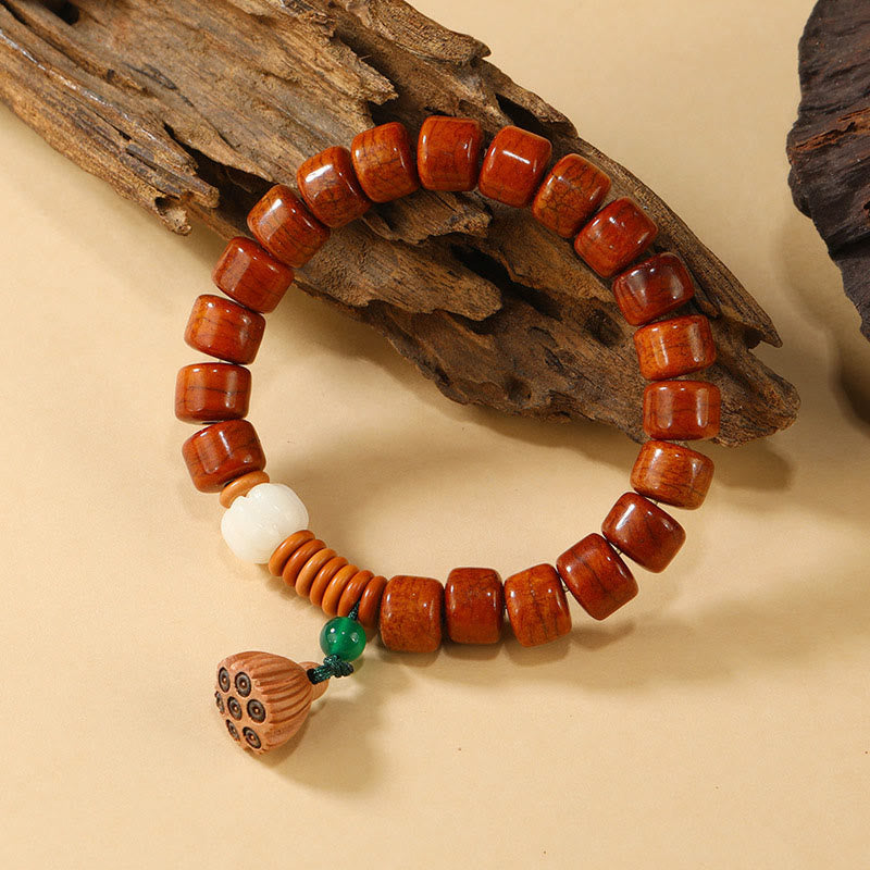 Bodhi Seed Bone Bead Bracelet with Ping An Kou & Lotus Designs