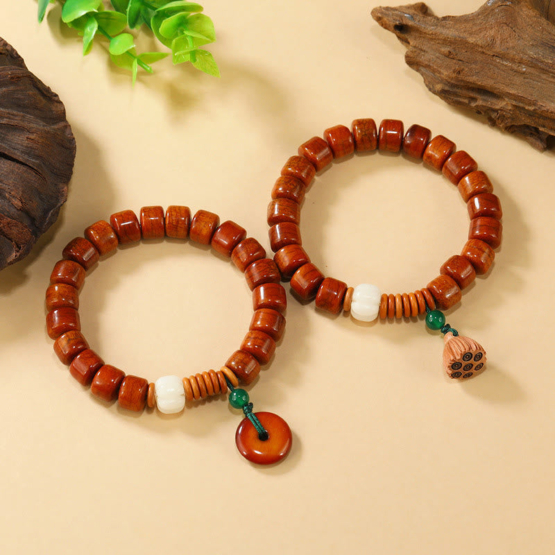 Bodhi Seed Bone Bead Bracelet with Ping An Kou & Lotus Designs