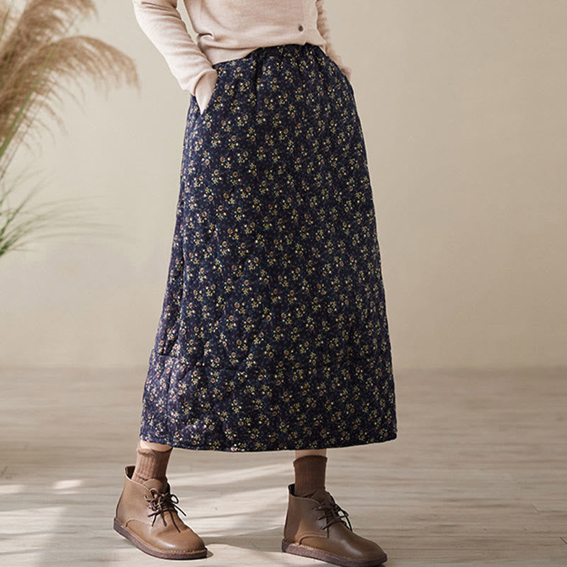 Vintage Floral Pattern Elastic Waist Cotton Women's Midi Skirt With Pockets