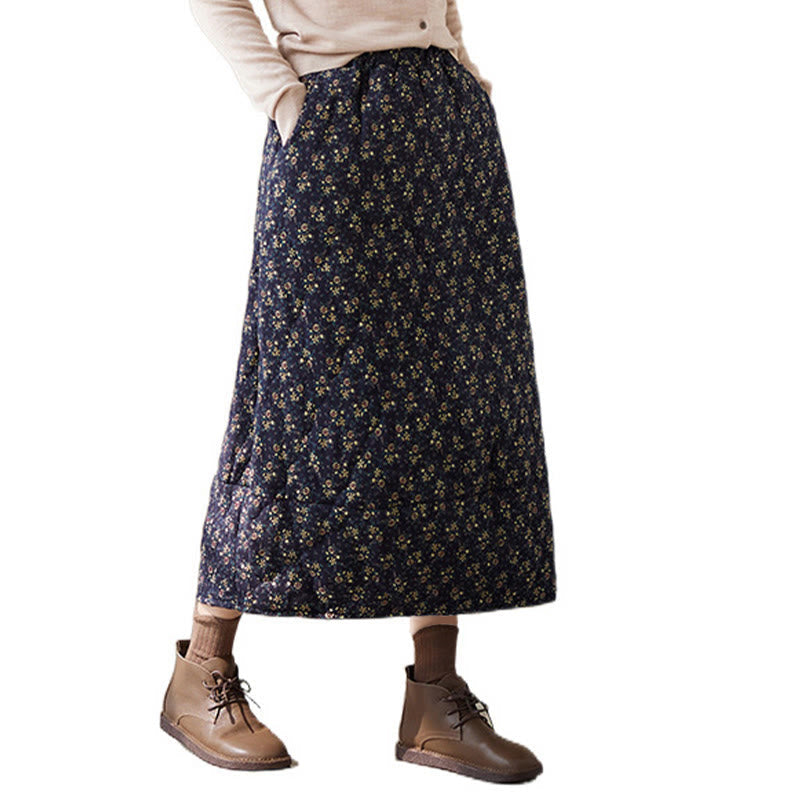 Vintage Floral Pattern Elastic Waist Cotton Women's Midi Skirt With Pockets