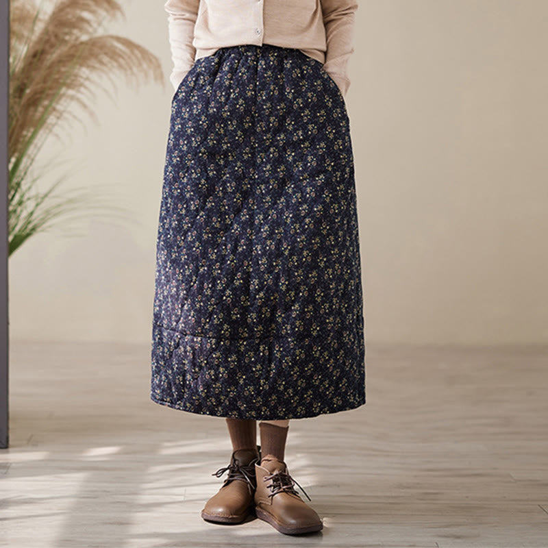 Vintage Floral Pattern Elastic Waist Cotton Women's Midi Skirt With Pockets