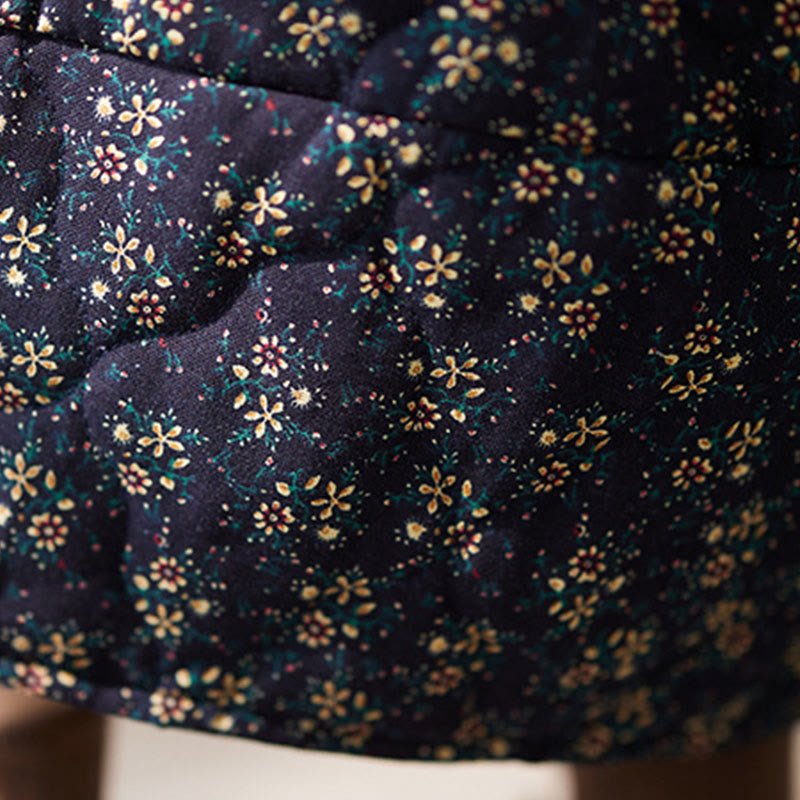 Vintage Floral Pattern Elastic Waist Cotton Women's Midi Skirt With Pockets