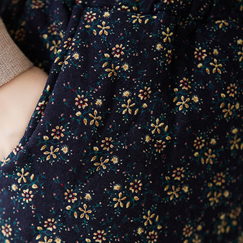 Vintage Floral Pattern Elastic Waist Cotton Women's Midi Skirt With Pockets