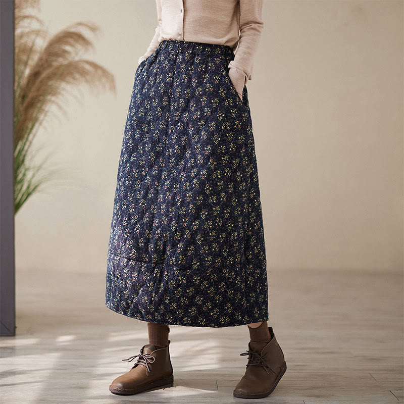 Vintage Floral Pattern Elastic Waist Cotton Women's Midi Skirt With Pockets