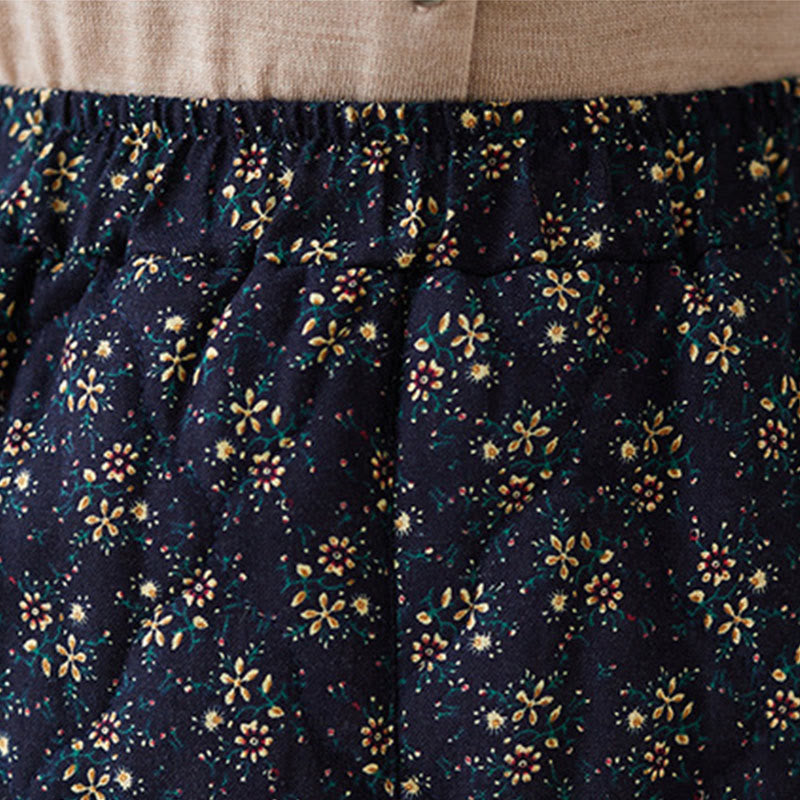 Vintage Floral Pattern Elastic Waist Cotton Women's Midi Skirt With Pockets