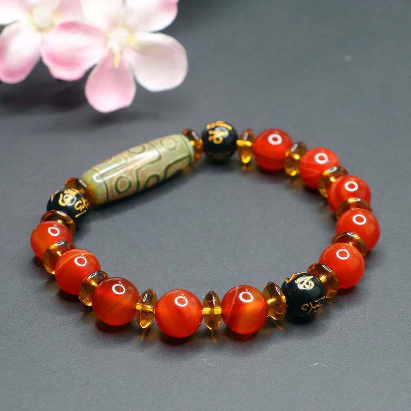 Polished Red Agate and Nine-Eye Dzi Bead Om Mani Padme Hum Bracelet