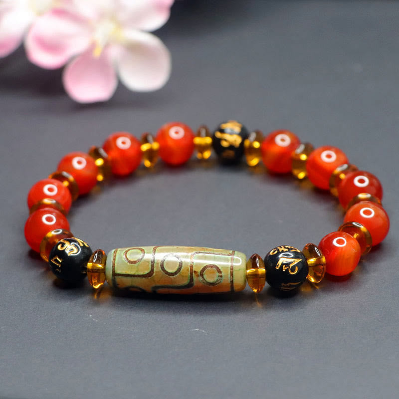 Polished Red Agate and Nine-Eye Dzi Bead Om Mani Padme Hum Bracelet