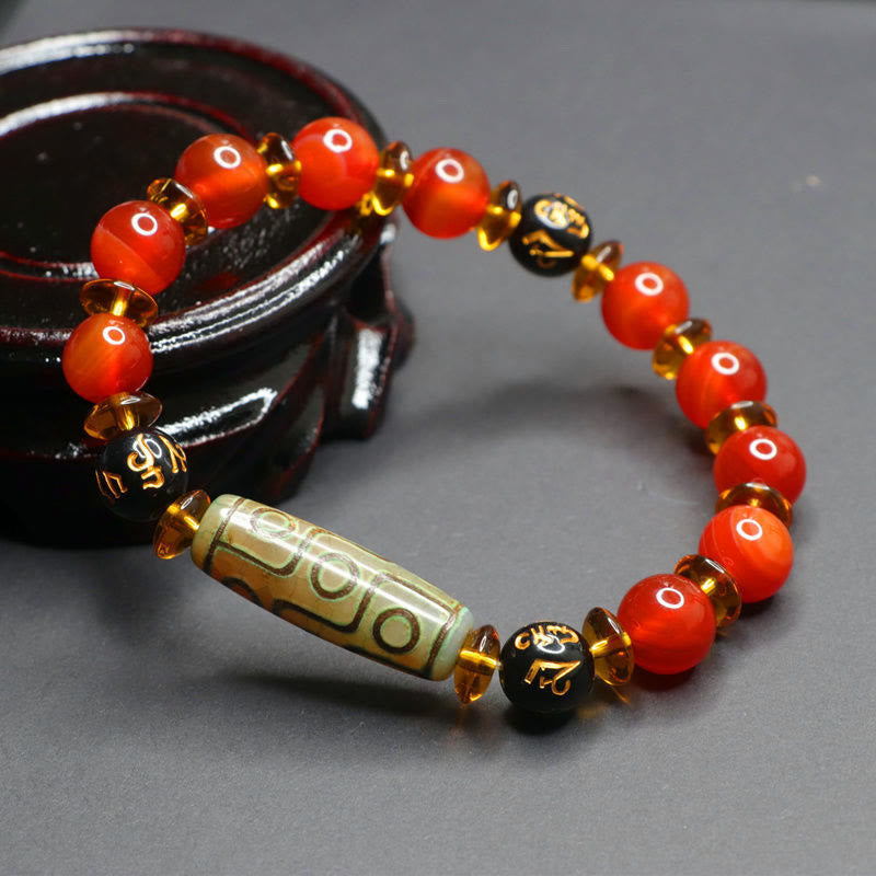 Polished Red Agate and Nine-Eye Dzi Bead Om Mani Padme Hum Bracelet