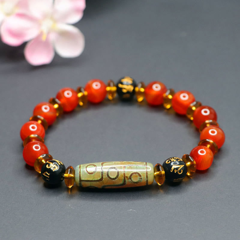 Polished Red Agate and Nine-Eye Dzi Bead Om Mani Padme Hum Bracelet