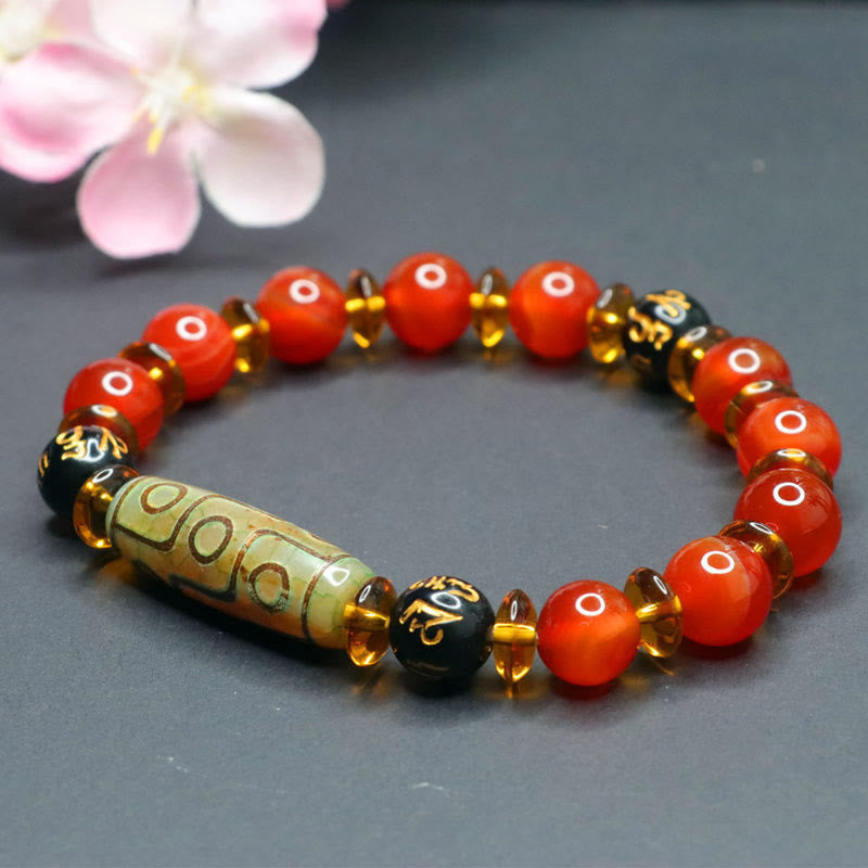 Polished Red Agate and Nine-Eye Dzi Bead Om Mani Padme Hum Bracelet