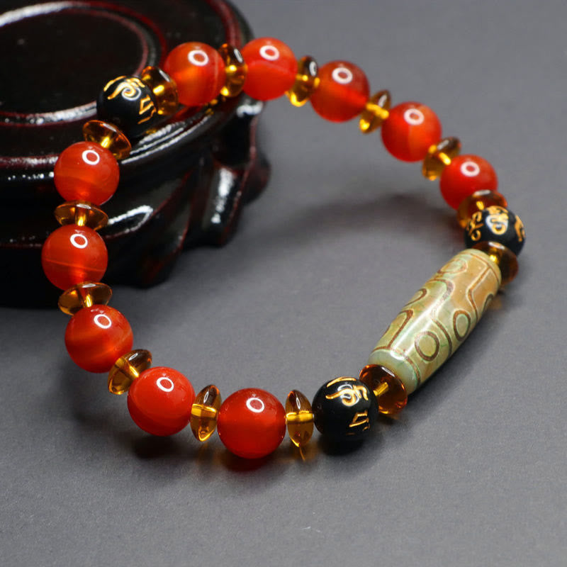 Polished Red Agate and Nine-Eye Dzi Bead Om Mani Padme Hum Bracelet