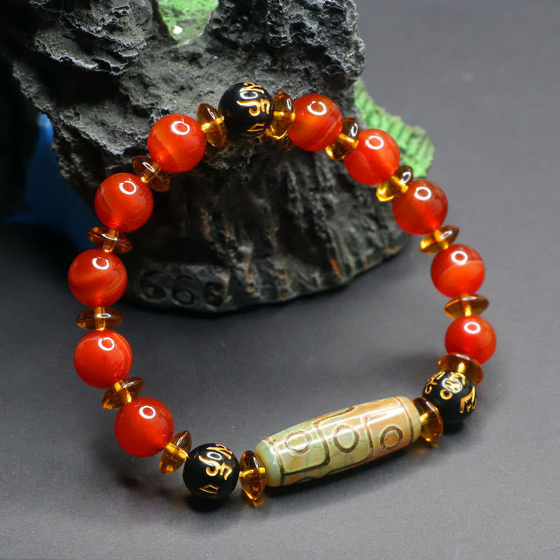 Polished Red Agate and Nine-Eye Dzi Bead Om Mani Padme Hum Bracelet