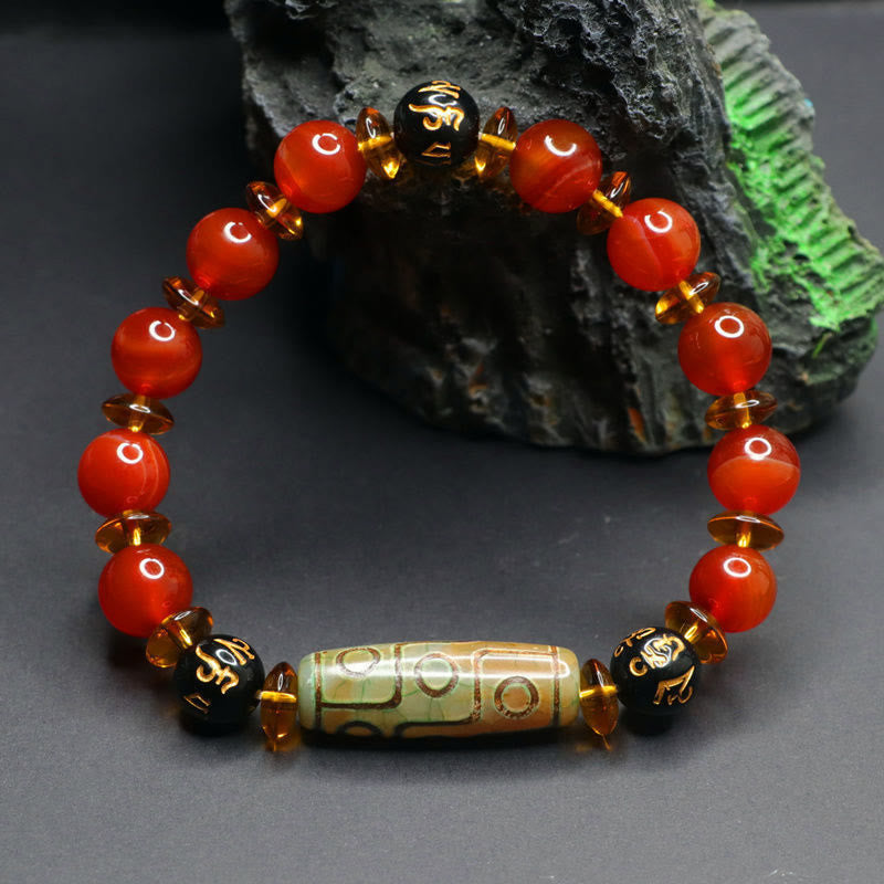 Polished Red Agate and Nine-Eye Dzi Bead Om Mani Padme Hum Bracelet