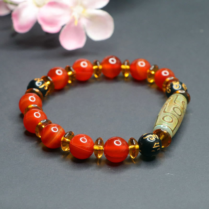 Polished Red Agate and Nine-Eye Dzi Bead Om Mani Padme Hum Bracelet