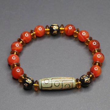 Polished Red Agate and Nine-Eye Dzi Bead Om Mani Padme Hum Bracelet