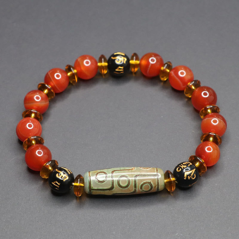 Polished Red Agate and Nine-Eye Dzi Bead Om Mani Padme Hum Bracelet