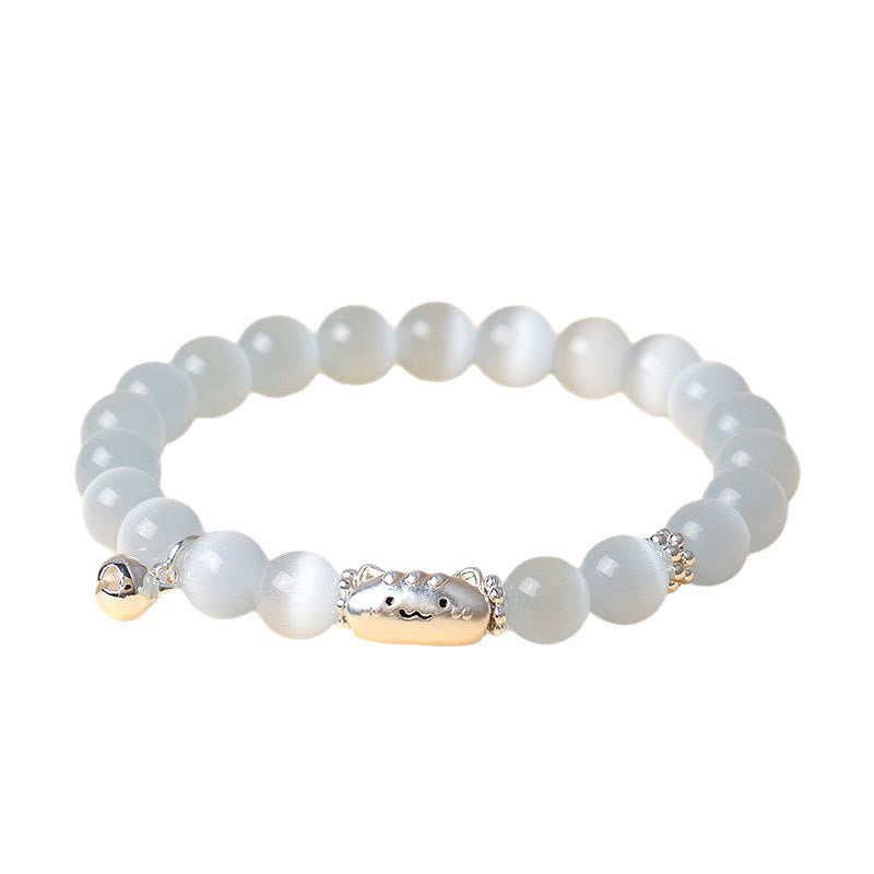 999 Sterling Silver Cat Head Bracelet with Natural White Agate or Cat's Eye