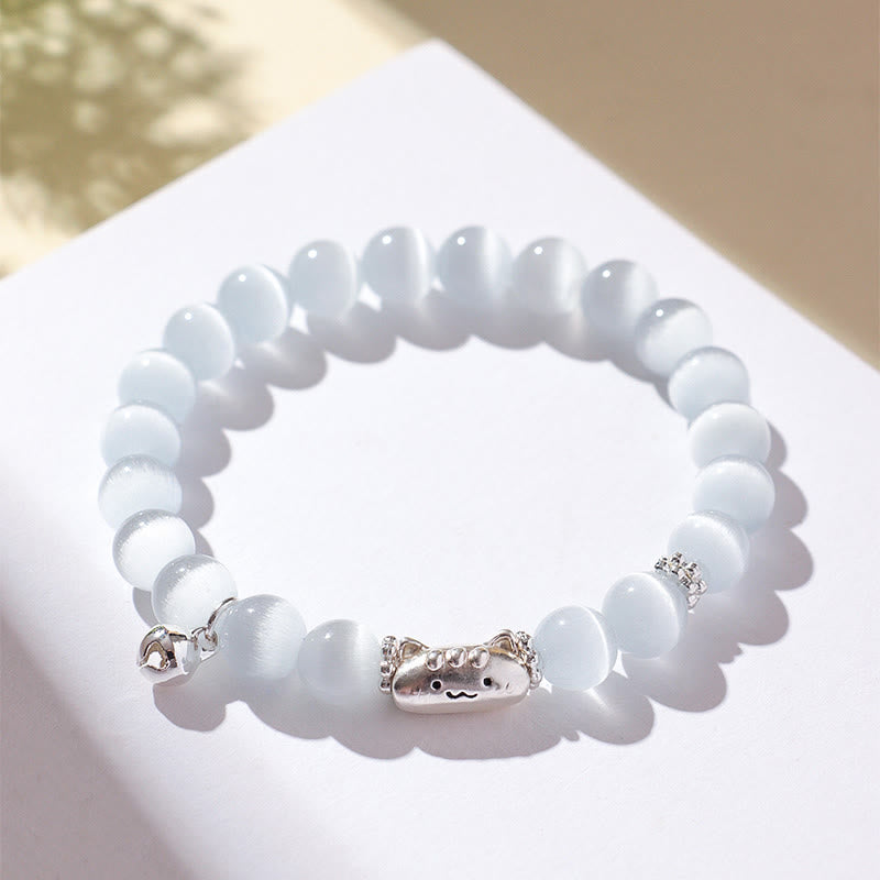 999 Sterling Silver Cat Head Bracelet with Natural White Agate or Cat's Eye
