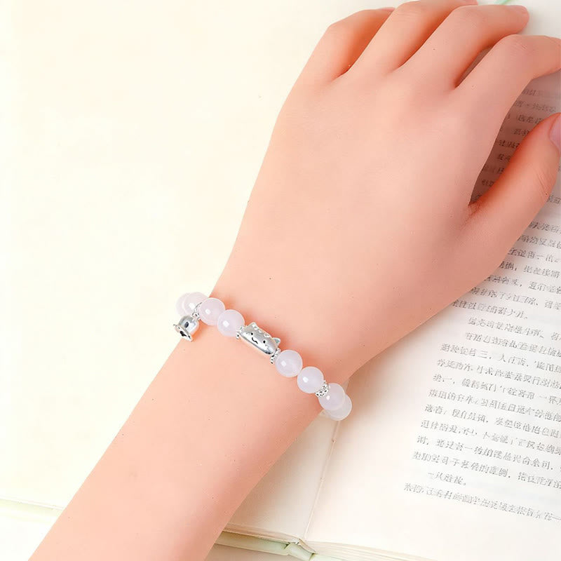 999 Sterling Silver Cat Head Bracelet with Natural White Agate or Cat's Eye