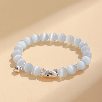 999 Sterling Silver Cat Head Bracelet with Natural White Agate or Cat's Eye
