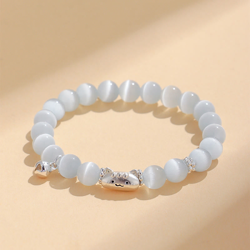 999 Sterling Silver Cat Head Bracelet with Natural White Agate or Cat's Eye