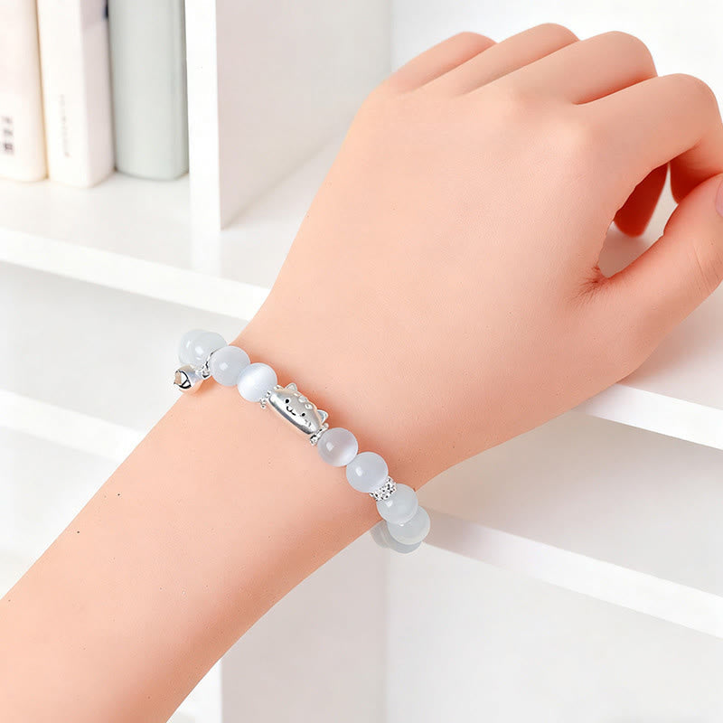 999 Sterling Silver Cat Head Bracelet with Natural White Agate or Cat's Eye