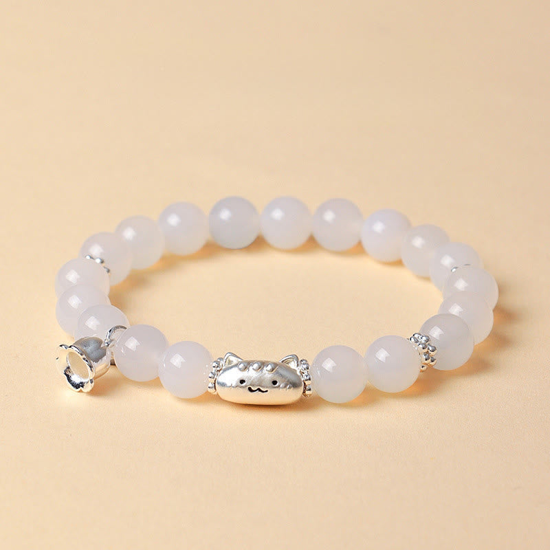 999 Sterling Silver Cat Head Bracelet with Natural White Agate or Cat's Eye