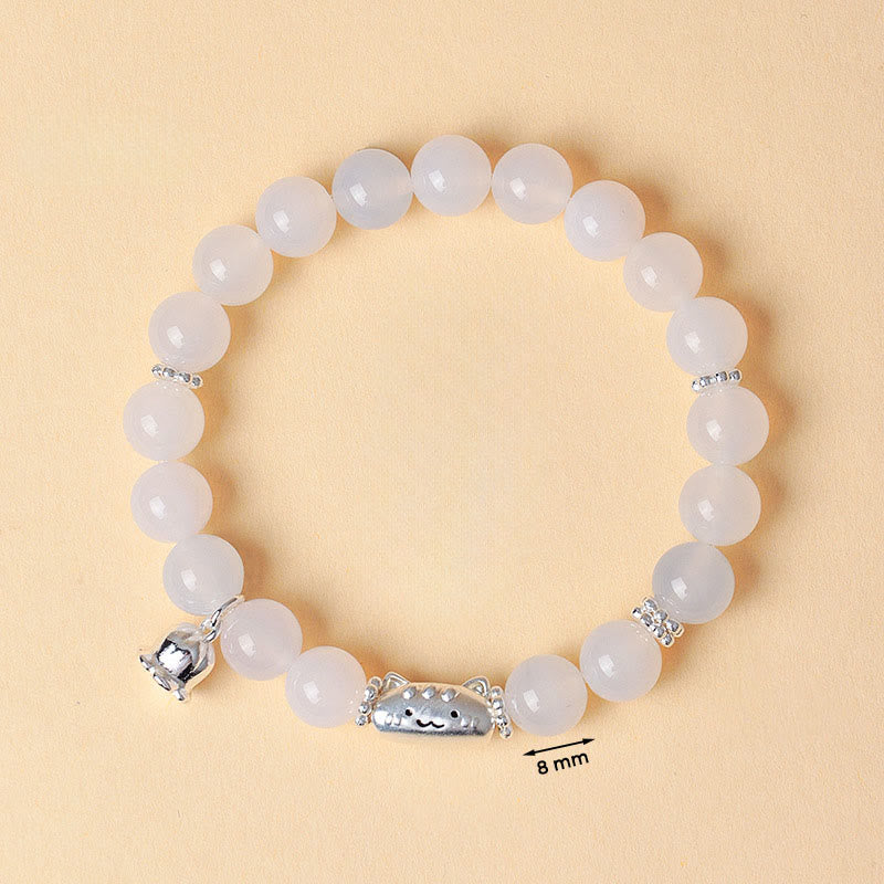 999 Sterling Silver Cat Head Bracelet with Natural White Agate or Cat's Eye